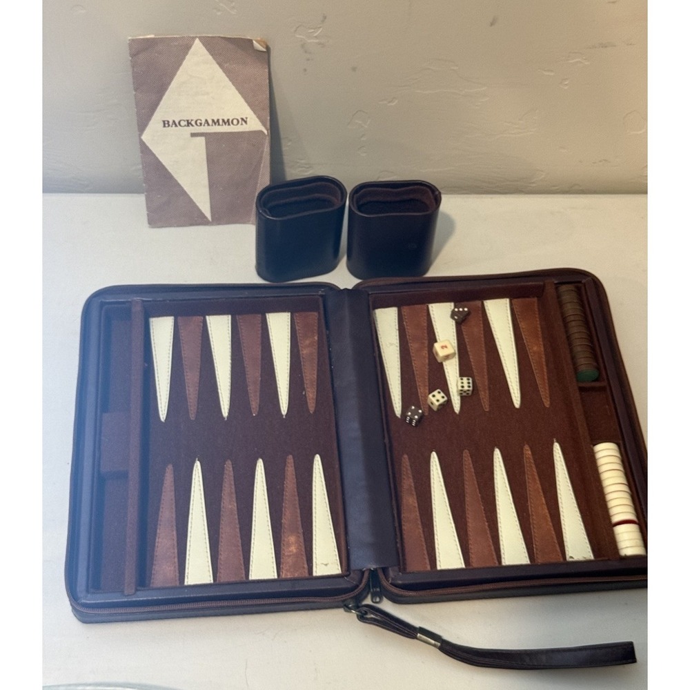 Vintage Magnetic Backgammon Travel Set Brown Faux Leather Case Incomplete 1 miss